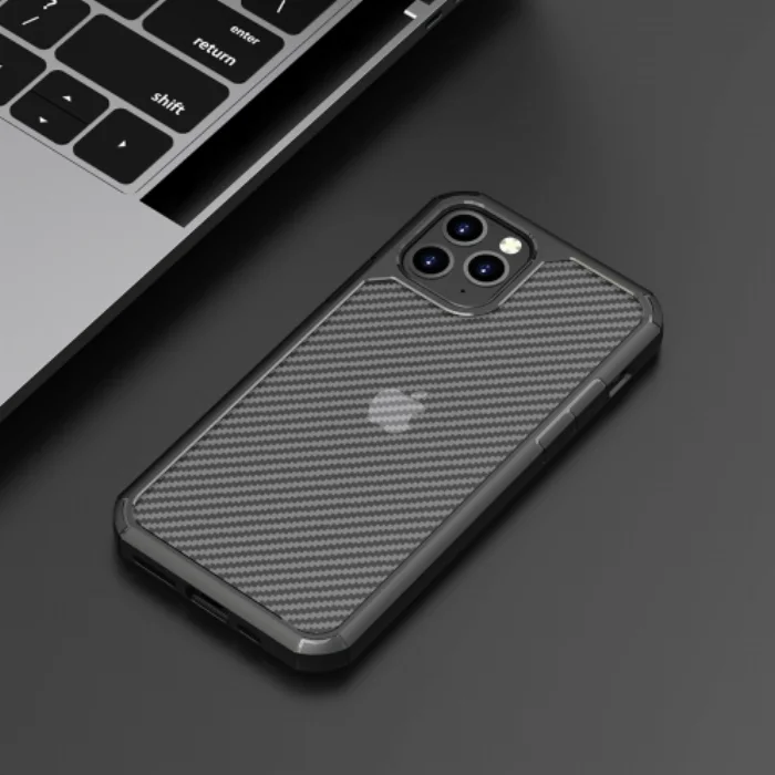 Apple iPhone 11 Pro Max Kılıf Fiber Karbon Şeffaf Inoks Kapak - Siyah