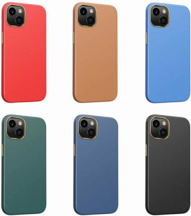 Apple iPhone 13 (6.1) Kılıf Soft Silikon Metalik Deri Natura Kapak - Kahverengi