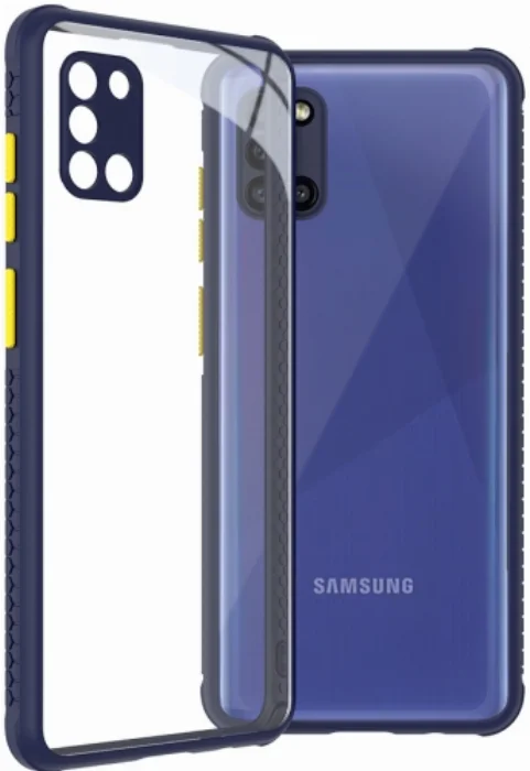 Samsung Galaxy A31 Kılıf Arkası Şeffaf Cam Kenarları Kabartmalı Silikon Kaliteli Tank Kapak - Lacivert