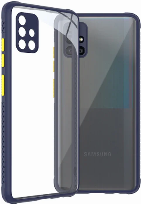 Samsung Galaxy A51 Kılıf Arkası Şeffaf Cam Kenarları Kabartmalı Silikon Kaliteli Tank Kapak - Lacivert