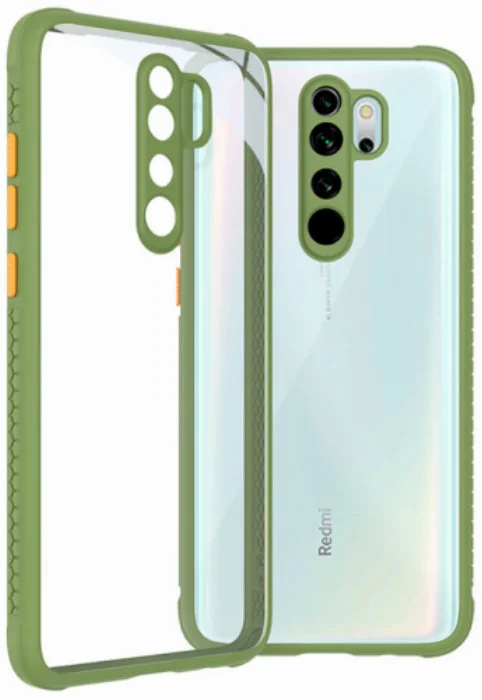 Xiaomi Redmi Note 8 Pro Kılıf Arkası Şeffaf Cam Kenarları Kabartmalı Silikon Kaliteli Tank Kapak - Koyu Yeşil