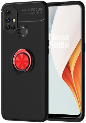 OnePlus Nord N10 Kılıf Renkli Silikon Yüzüklü Standlı Auto Focus Ravel Kapak - Kırmızı - Siyah