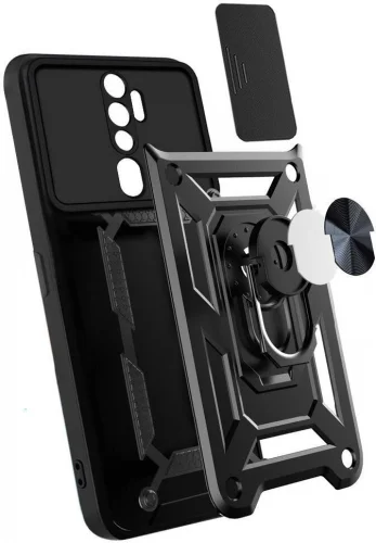 Oppo A5 2020 Kılıf Zırhlı Standlı Silikon Sürgülü Kamera Korumalı Tank Kapak - Siyah