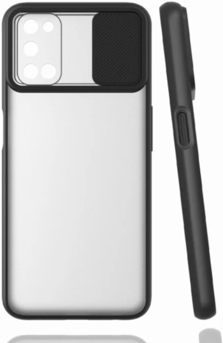 Oppo A72 Kılıf Silikon Sürgülü Lens Korumalı Buzlu Şeffaf - Siyah