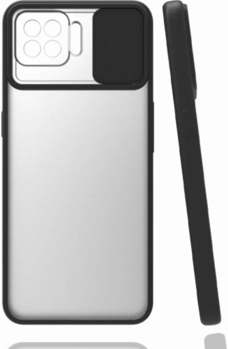 Oppo A73 Kılıf Silikon Sürgülü Lens Korumalı Buzlu Şeffaf - Siyah