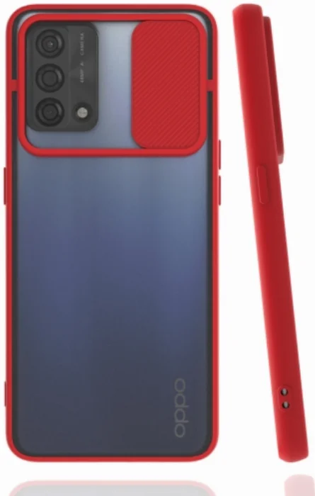 Oppo A74 Kılıf Silikon Sürgülü Lens Korumalı Buzlu Şeffaf - Kırmızı