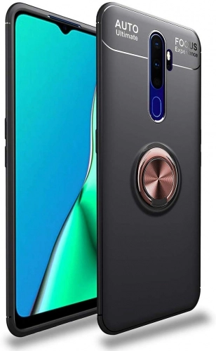 Oppo A9 2020 Kılıf Renkli Silikon Yüzüklü Standlı Auto Focus Ravel Kapak - Rose Gold