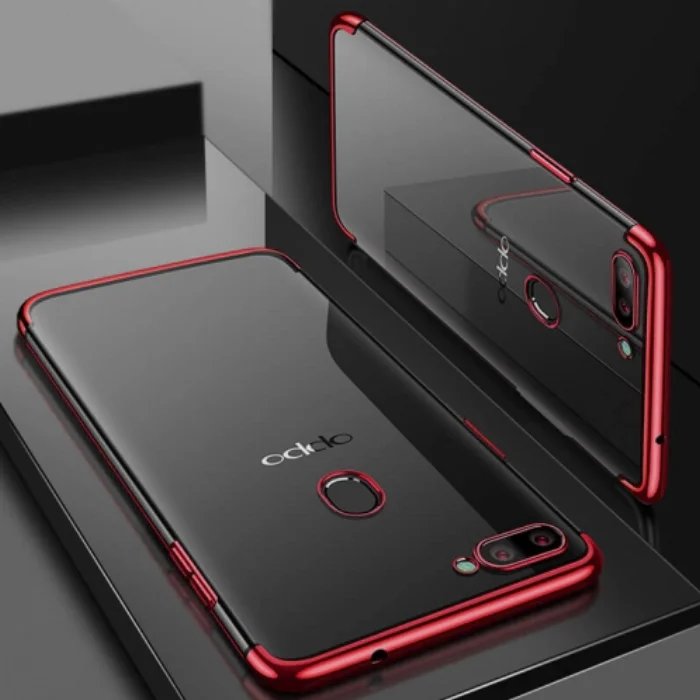 Oppo AX7 Kılıf Renkli Köşeli Lazer Şeffaf Esnek Silikon - Kırmızı