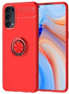 Oppo Reno 4 Kılıf Renkli Silikon Yüzüklü Standlı Auto Focus Ravel Kapak - Kırmızı