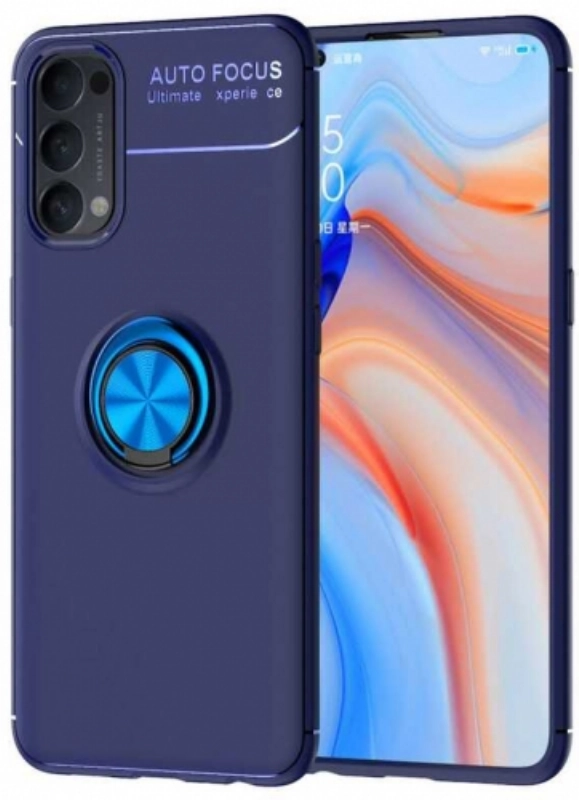 Oppo Reno 4 Kılıf Renkli Silikon Yüzüklü Standlı Auto Focus Ravel Kapak - Mavi