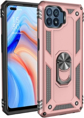 Oppo Reno 4 Lite Kılıf Silikon Zırhlı Standlı Yüzüklü Mıknatıslı Tank Kapak - Rose Gold