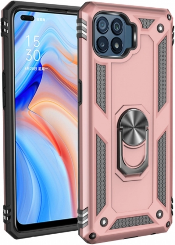 Oppo Reno 4 Lite Kılıf Silikon Zırhlı Standlı Yüzüklü Mıknatıslı Tank Kapak - Rose Gold