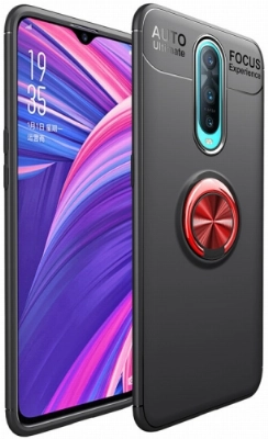 Oppo RX17 Pro Kılıf Renkli Silikon Yüzüklü Standlı Auto Focus Ravel Kapak - Kırmızı - Siyah