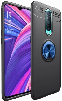 Oppo RX17 Pro Kılıf Renkli Silikon Yüzüklü Standlı Auto Focus Ravel Kapak - Mavi - Siyah