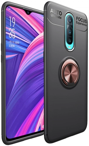 Oppo RX17 Pro Kılıf Renkli Silikon Yüzüklü Standlı Auto Focus Ravel Kapak - Rose Gold