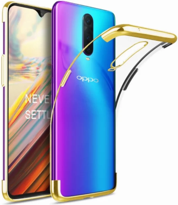 Oppo RX17 Pro Kılıf Renkli Köşeli Lazer Şeffaf Esnek Silikon - Gold