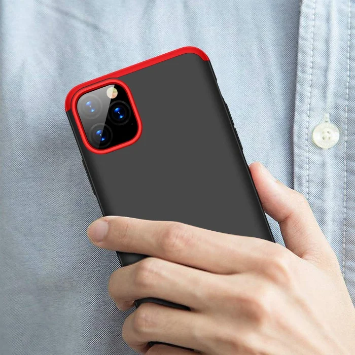 Apple iPhone 11 Pro Max Kılıf 3 Parçalı 360 Tam Korumalı Rubber AYS Kapak  - Kırmızı - Siyah