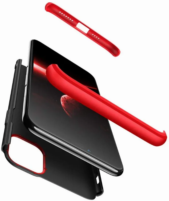 Apple iPhone 11 Pro Max Kılıf 3 Parçalı 360 Tam Korumalı Rubber AYS Kapak  - Kırmızı - Siyah