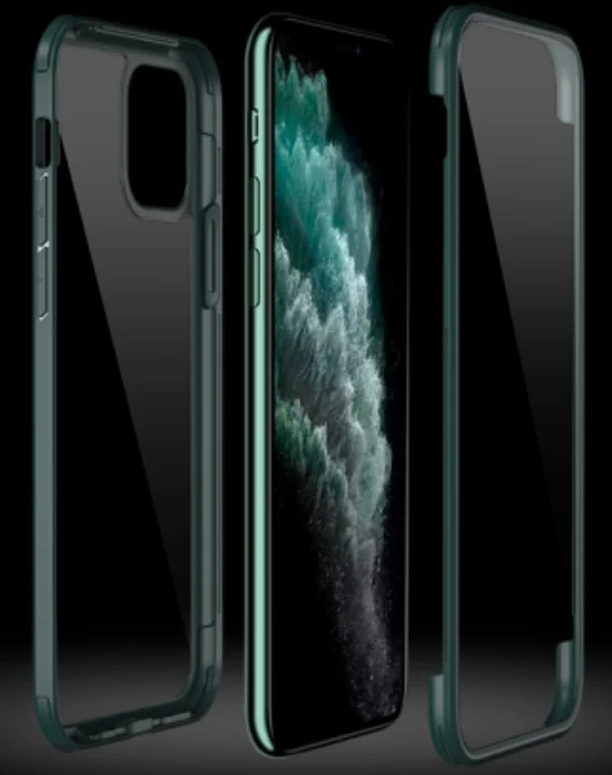 Apple iPhone 11 Pro Max Kılıf Ön ve Arkası Camlı 360 Tam Koruma Silikon Kapak - Yeşil