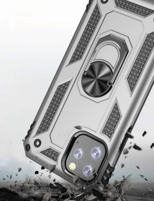 Apple iPhone 11 Pro Max Kılıf Zırhlı Standlı Mıknatıslı Tank Kapak - Gümüş