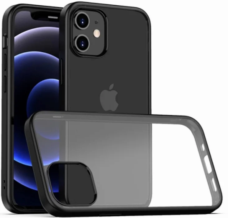 Apple iPhone 12 (6.1) Kılıf Arkası Cam Kenarları Silikon Hom Kapak - Siyah