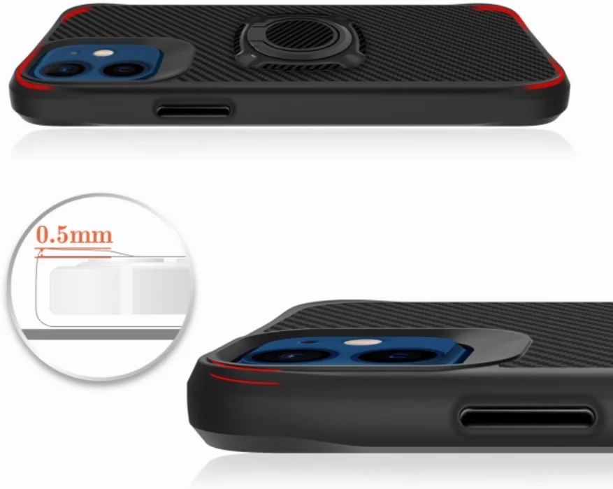 Apple iPhone 12 (6.1) Kılıf Karbon Görünümlü Standlı Yüzüklü Esnek Silikon Timo Kapak - Siyah