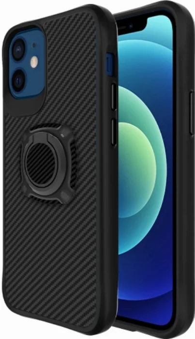 Apple iPhone 12 (6.1) Kılıf Karbon Görünümlü Standlı Yüzüklü Esnek Silikon Timo Kapak - Siyah