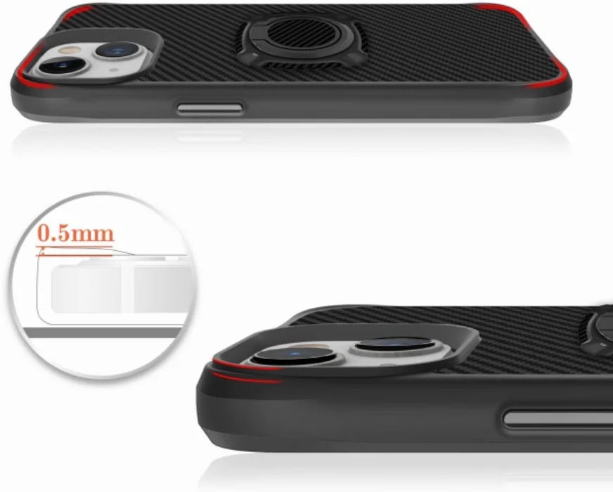Apple iPhone 13 (6.1) Kılıf Karbon Görünümlü Standlı Yüzüklü Esnek Silikon Timo Kapak - Siyah