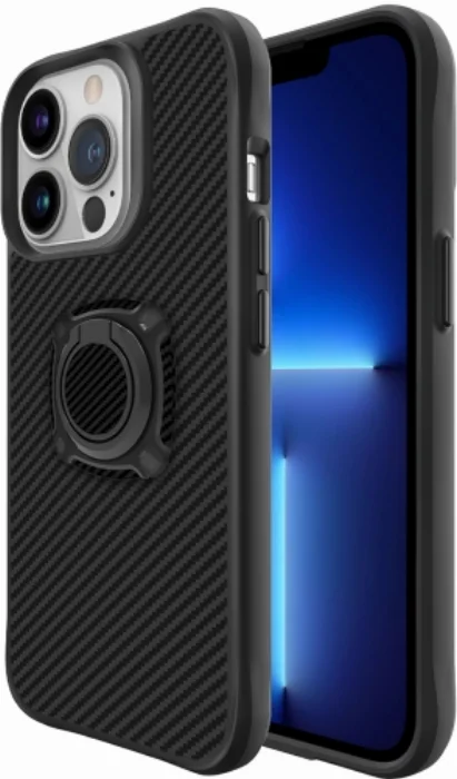 Apple iPhone 13 Pro (6.1) Kılıf Karbon Görünümlü Standlı Yüzüklü Esnek Silikon Timo Kapak - Siyah