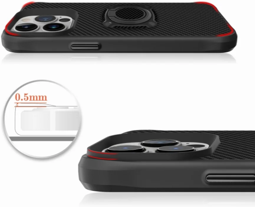 Apple iPhone 13 Pro (6.1) Kılıf Karbon Görünümlü Standlı Yüzüklü Esnek Silikon Timo Kapak - Siyah