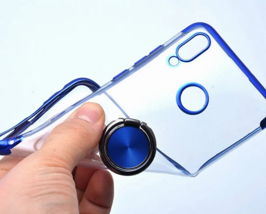 Huawei Honor 10 Lite Kılıf Renkli Köşeli Yüzüklü Standlı Lazer Şeffaf Esnek Silikon - Mavi