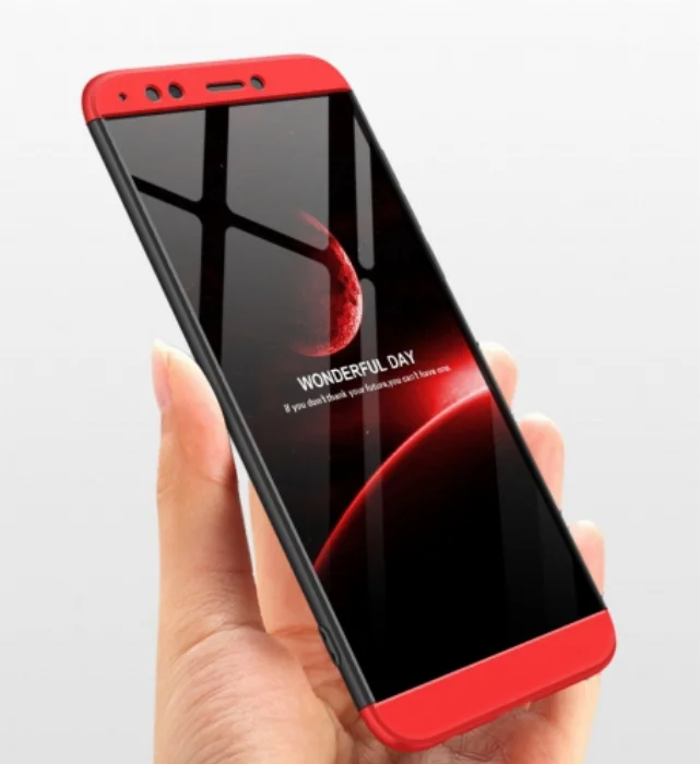 Huawei Honor 7C Kılıf 3 Parçalı 360 Tam Korumalı Rubber AYS Kapak  - Kırmızı - Siyah