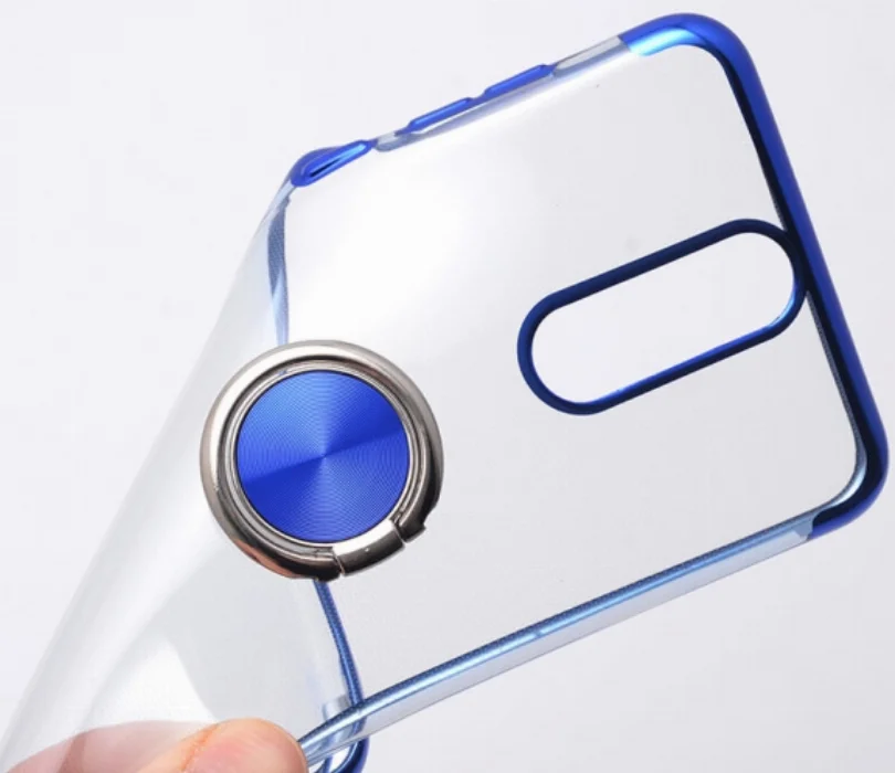 Huawei Mate 10 Lite Kılıf Renkli Köşeli Yüzüklü Standlı Lazer Şeffaf Esnek Silikon - Mavi