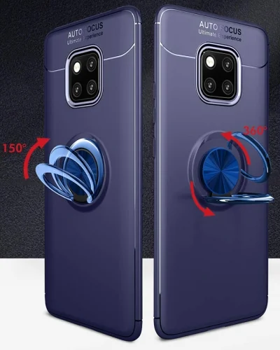 Huawei Mate 20 Pro Kılıf Renkli Silikon Yüzüklü Standlı Auto Focus Ravel Kapak - Kırmızı - Siyah