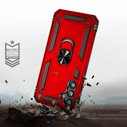 Samsung Galaxy A34 Kılıf Silikon Zırhlı Standlı Yüzüklü Mıknatıslı Tank Kapak - Kırmızı
