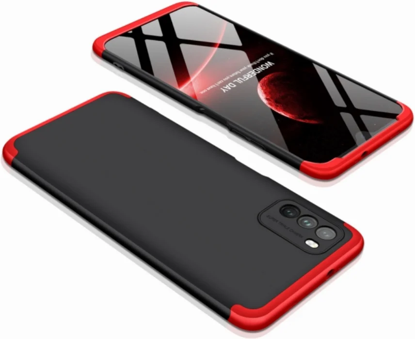 Xiaomi Poco M3 Kılıf 3 Parçalı 360 Tam Korumalı Rubber AYS Kapak - Kırmızı Siyah