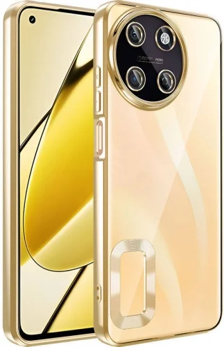 Realme 11 4G Kılıf Kamera Lens Korumalı Şeffaf Renkli Logo Gösteren Parlak Kapak - Gold