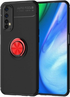 Realme 7 Kılıf Renkli Silikon Yüzüklü Standlı Auto Focus Ravel Kapak - Kırmızı - Siyah