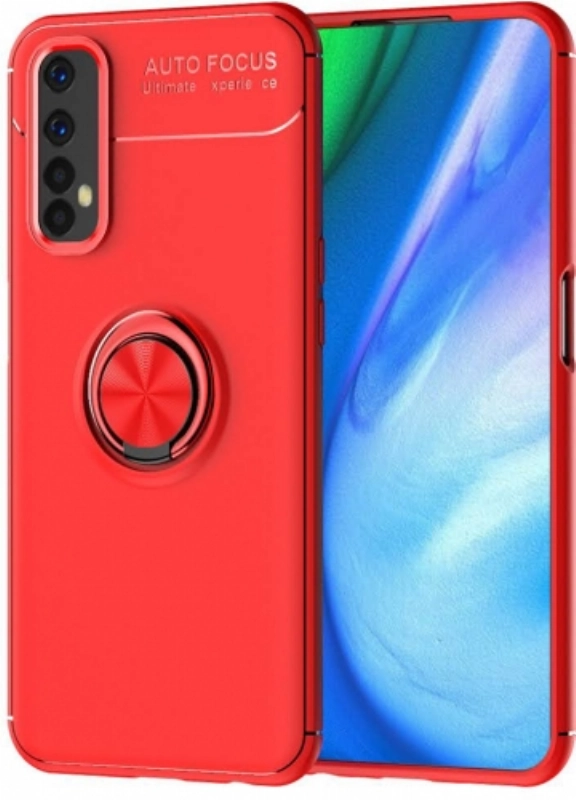 Realme 7 Kılıf Renkli Silikon Yüzüklü Standlı Auto Focus Ravel Kapak - Kırmızı