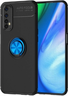 Realme 7 Kılıf Renkli Silikon Yüzüklü Standlı Auto Focus Ravel Kapak - Mavi - Siyah