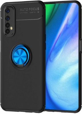 Realme 7 Kılıf Renkli Silikon Yüzüklü Standlı Auto Focus Ravel Kapak - Mavi - Siyah