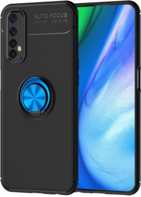 Realme 7 Kılıf Renkli Silikon Yüzüklü Standlı Auto Focus Ravel Kapak - Mavi - Siyah