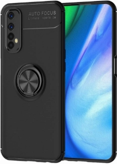 Realme 7 Kılıf Renkli Silikon Yüzüklü Standlı Auto Focus Ravel Kapak - Siyah