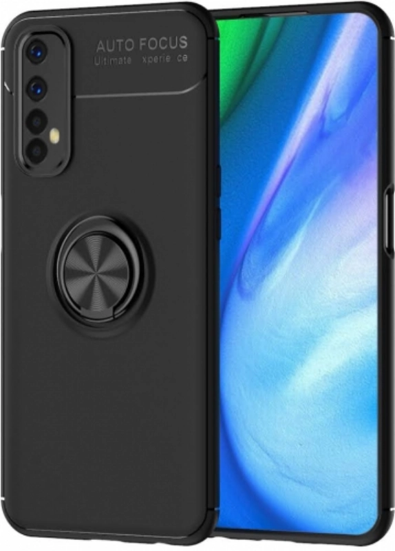 Realme 7 Kılıf Renkli Silikon Yüzüklü Standlı Auto Focus Ravel Kapak - Siyah