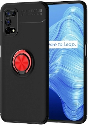 Realme 7 Pro Kılıf Renkli Silikon Yüzüklü Standlı Auto Focus Ravel Kapak - Kırmızı - Siyah