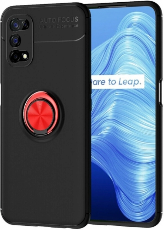 Realme 7 Pro Kılıf Renkli Silikon Yüzüklü Standlı Auto Focus Ravel Kapak - Kırmızı - Siyah