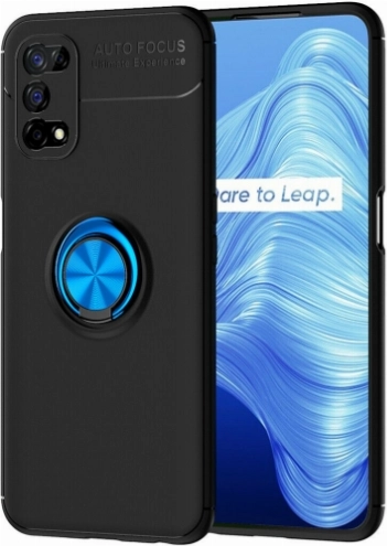 Realme 7 Pro Kılıf Renkli Silikon Yüzüklü Standlı Auto Focus Ravel Kapak - Mavi - Siyah