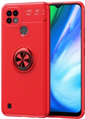 Realme C21 Kılıf Renkli Silikon Yüzüklü Standlı Auto Focus Ravel Kapak - Kırmızı