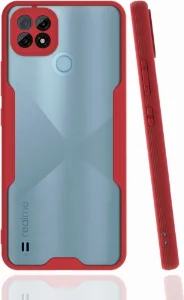 Realme C21 Kılıf Kamera Lens Korumalı Arkası Şeffaf Silikon Kapak - Kırmızı