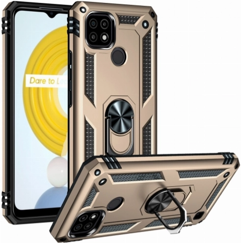 Realme C21 Kılıf Silikon Zırhlı Standlı Yüzüklü Mıknatıslı Tank Kapak - Gold